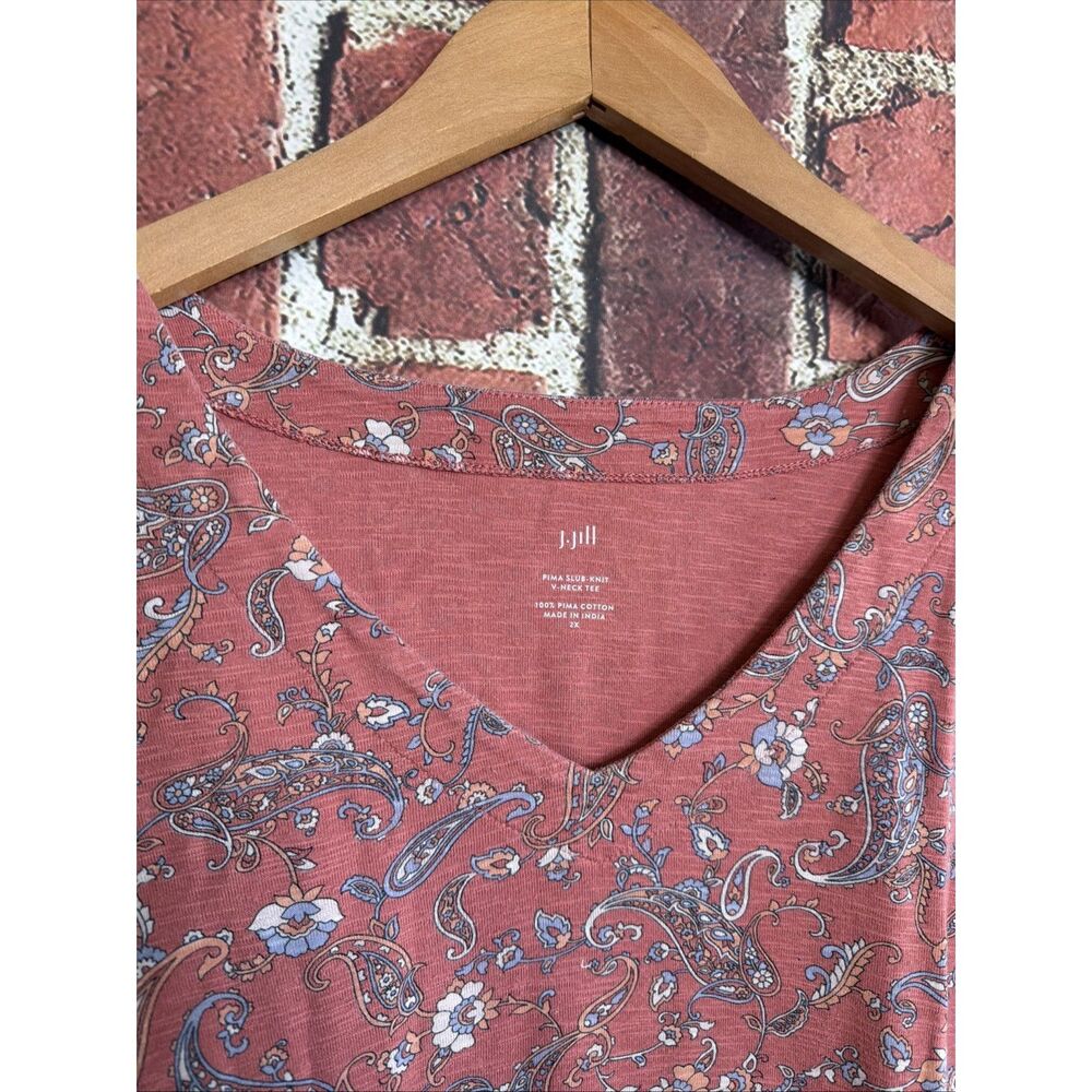 J Jill T Shirt Womens 2X Pink Blue Paisley Pima Cotton Slub Knit Everyday - Picture 2 of 4